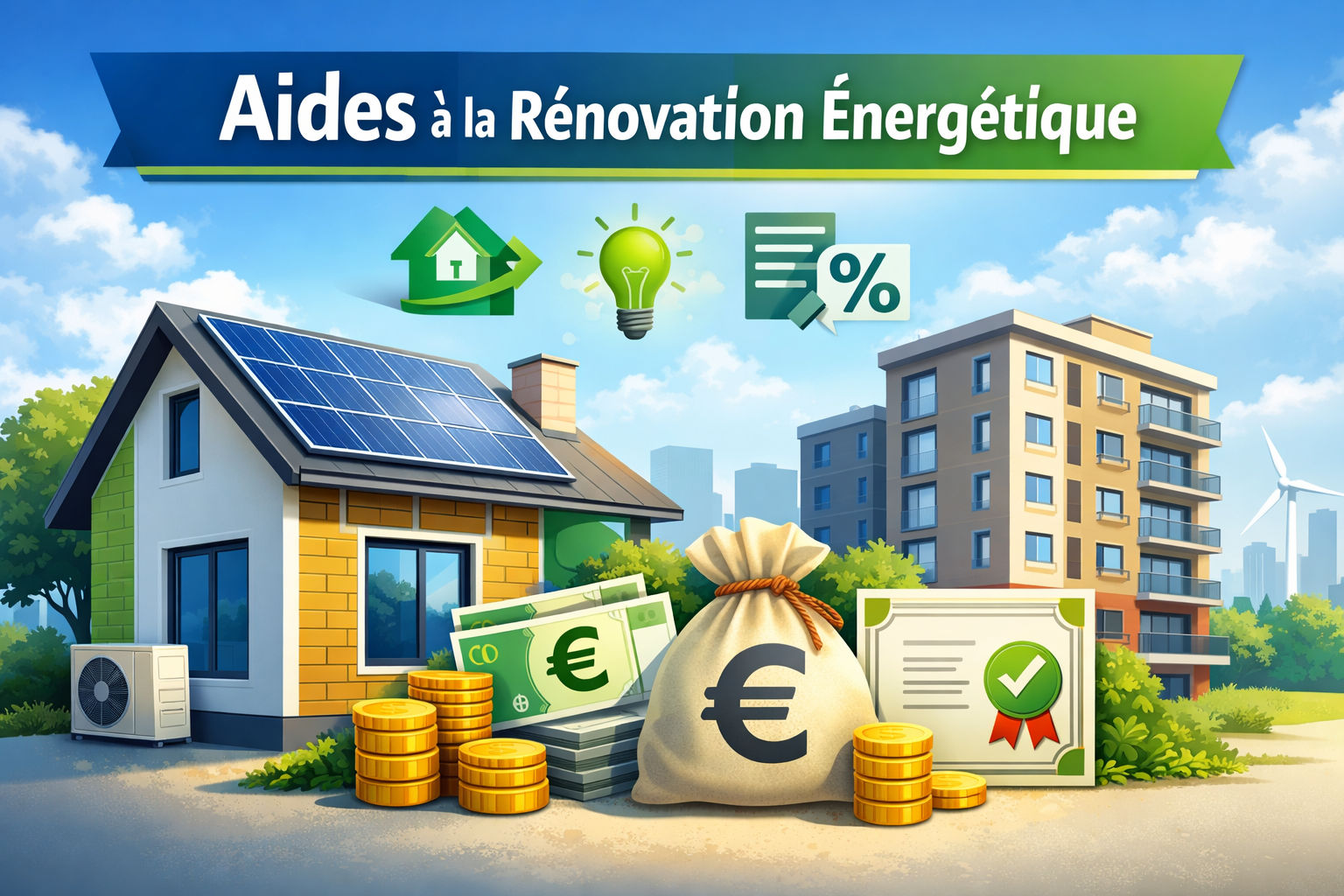 Illustration représentant les aides financières à la rénovation énergétique pour maisons et immeubles