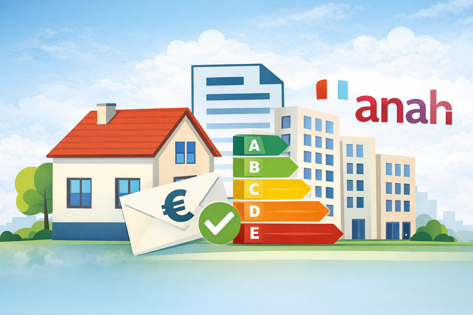 Illustration de logements individuels et collectifs avec une étiquette énergétique et un financement public via l’ANAH