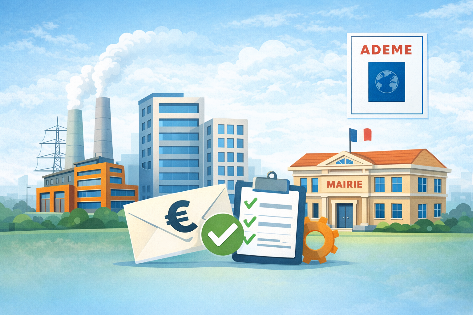 Illustration de bâtiments tertiaires, d’entreprises et d’une collectivité bénéficiant d’aides publiques nationales à la transition énergétique