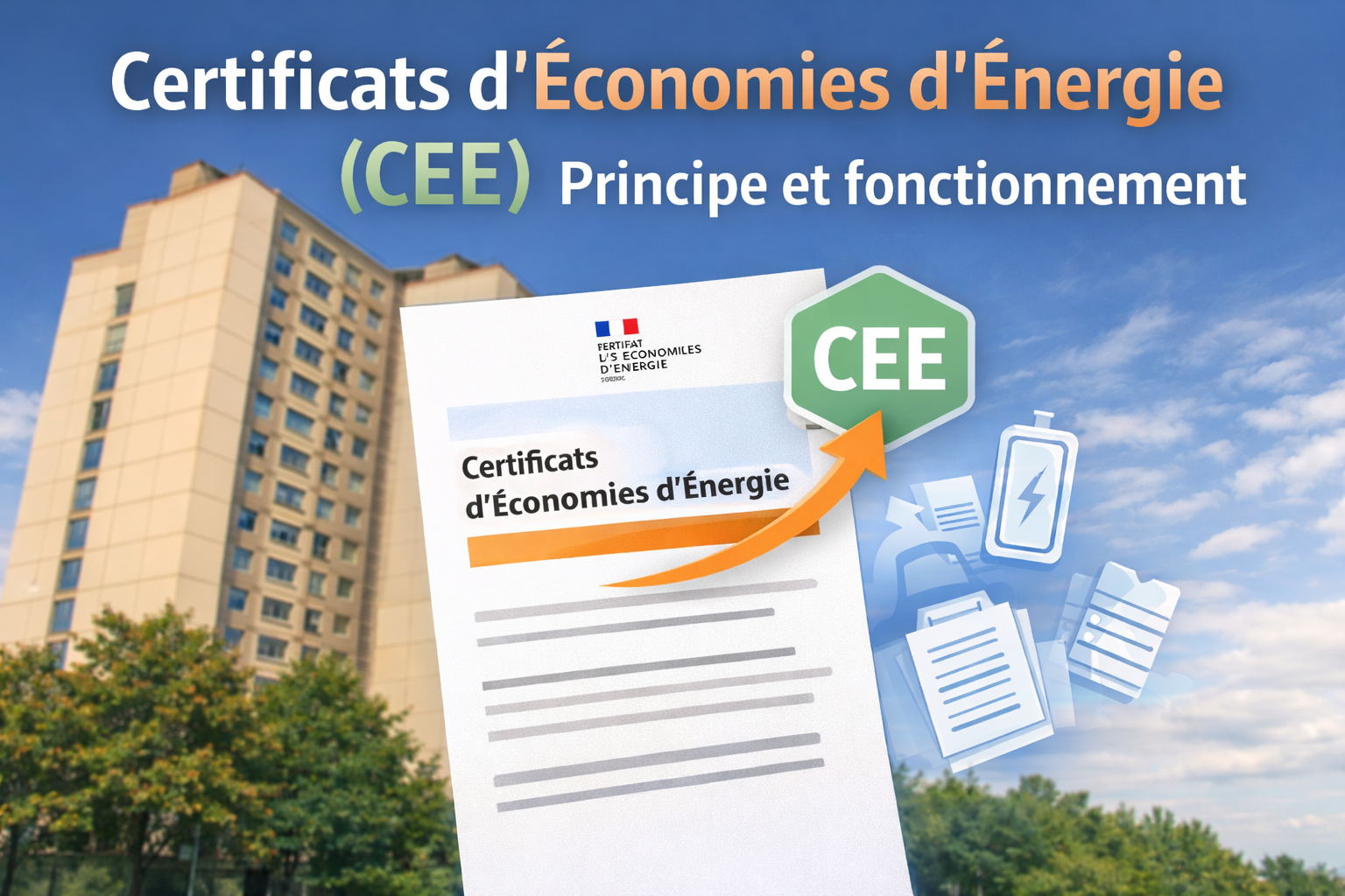 Illustration représentant le fonctionnement du dispositif des Certificats d’Économies d’Énergie (CEE) pour la rénovation énergétique